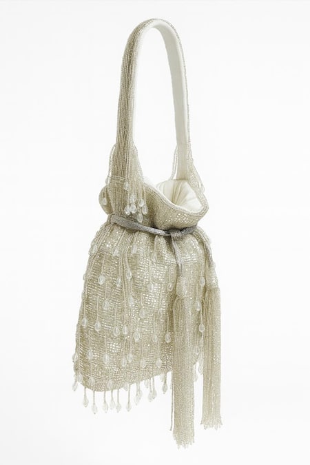 Tasna_Silver Stones, Beads, Tassels Embellished Potli Bag _Online_at_Aza_Fashions