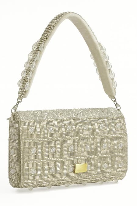 Tasna_Silver Embroidery, Crystals, Beads, Fringe Kardana And Sequin Clutch _Online_at_Aza_Fashions