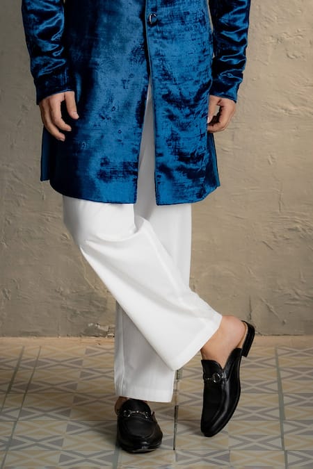 Charkhee_Blue Velvet, Cotton, Poplin Embroidery Bandhgala And Trouser Set _Online_at_Aza_Fashions