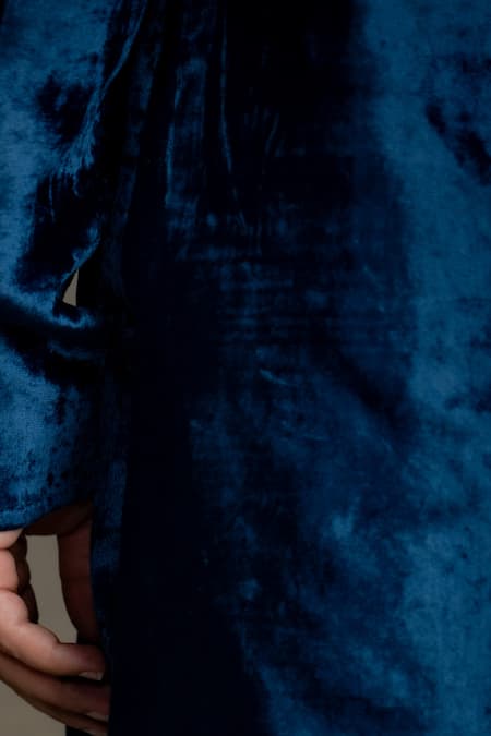 Buy_Charkhee_Blue Velvet, Cotton, Poplin Embroidery Bandhgala And Trouser Set _Online_at_Aza_Fashions