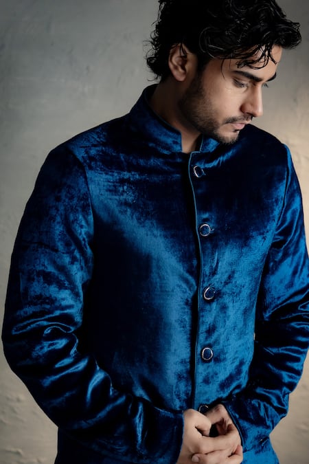 Shop_Charkhee_Blue Velvet, Cotton, Poplin Embroidery Bandhgala And Trouser Set _Online_at_Aza_Fashions