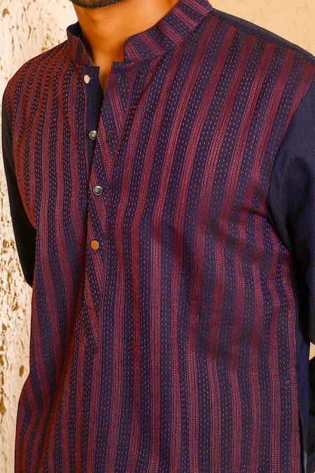 Buy_Chatenya Mittal_Navy Cotton, Silk Embroidery Striped Thread Kurta And Pant Set _Online_at_Aza_Fashions