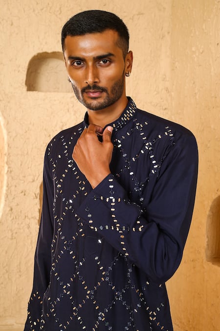 Chatenya Mittal Navy Silk Mirrors Work Kurta And Draped Pant Set Online at Aza Fashions Chatenya Mittal_Navy Silk Mirrors Work Kurta And Draped Pant Set _Online_at_Aza_Fashions