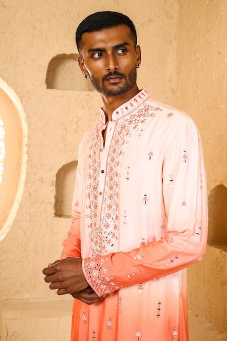 Chatenya Mittal_Peach Cotton, Silk Mirrors, Embroidery Work Ombre Kurta And Draped Pant Set _Online_at_Aza_Fashions