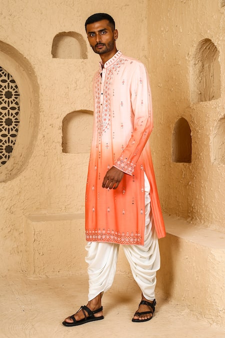 Buy_Chatenya Mittal_Peach Cotton, Silk Mirrors, Embroidery Work Ombre Kurta And Draped Pant Set _Online_at_Aza_Fashions