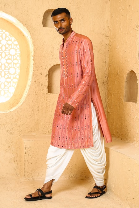 Buy_Chatenya Mittal_Pink Silk Mirrors Embroidered Kurta And Draped Pant Set _Online_at_Aza_Fashions