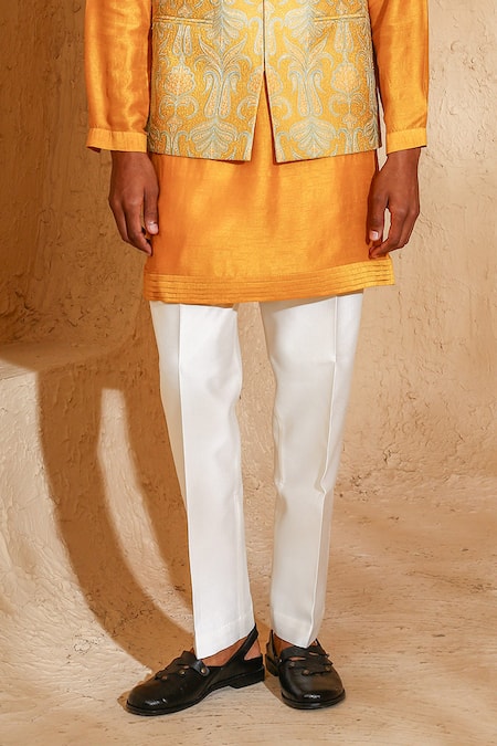 Chatenya Mittal_Mustard Cotton, Silk Embroidery Nehru Jacket Kurta Set _Online_at_Aza_Fashions