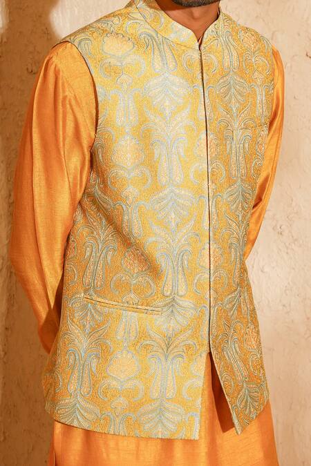 Buy_Chatenya Mittal_Mustard Cotton, Silk Embroidery Nehru Jacket Kurta Set _Online_at_Aza_Fashions