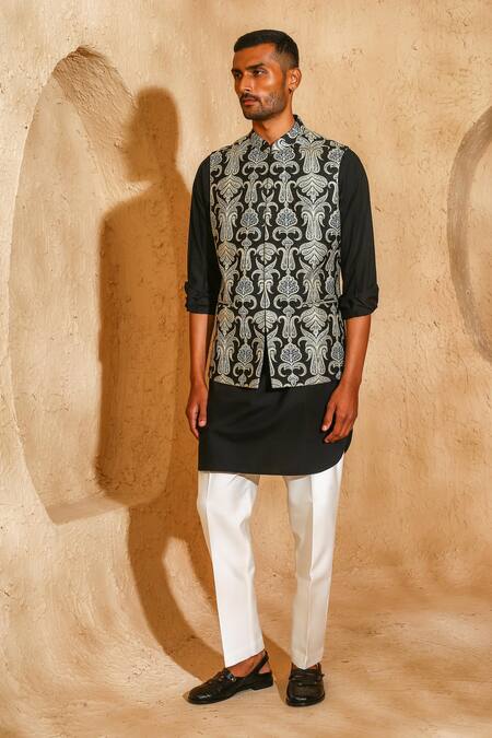 Chatenya Mittal_Black Silk, Cotton Embroidery Nehru Jacket And Kurta Set _Online_at_Aza_Fashions