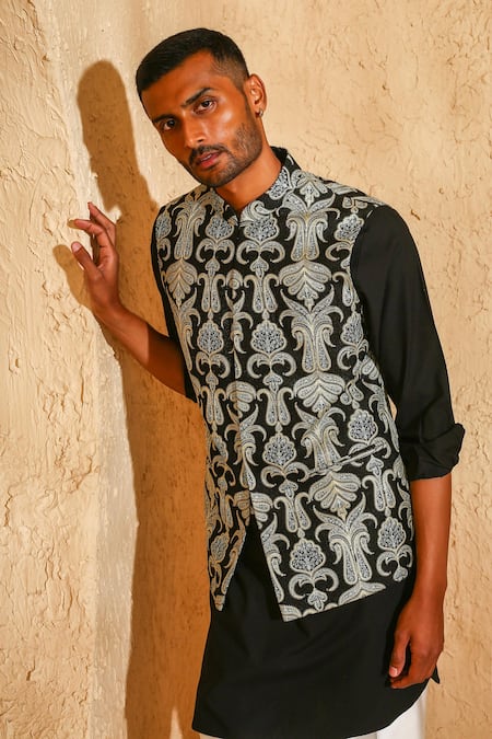 Buy_Chatenya Mittal_Black Silk, Cotton Embroidery Nehru Jacket And Kurta Set _Online_at_Aza_Fashions