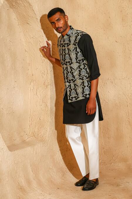 Shop_Chatenya Mittal_Black Silk, Cotton Embroidery Nehru Jacket And Kurta Set _Online_at_Aza_Fashions