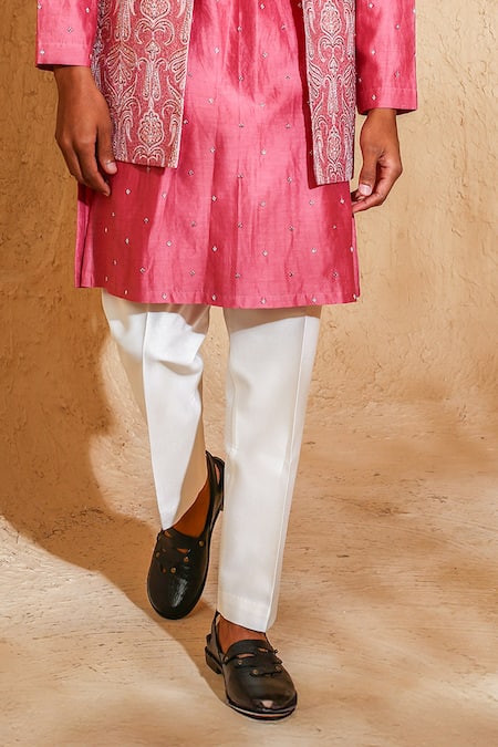 Chatenya Mittal_Pink Silk, Cotton Embroidery Open Nehru Jacket And Kurta Set _Online_at_Aza_Fashions
