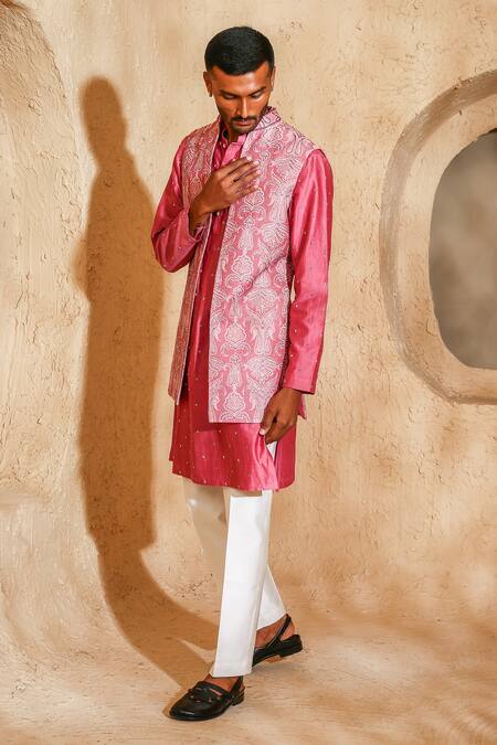 Buy_Chatenya Mittal_Pink Silk, Cotton Embroidery Open Nehru Jacket And Kurta Set _Online_at_Aza_Fashions