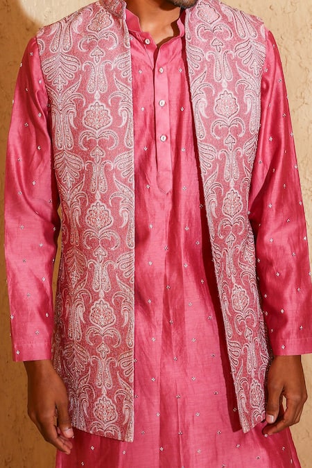 Shop_Chatenya Mittal_Pink Silk, Cotton Embroidery Open Nehru Jacket And Kurta Set _Online_at_Aza_Fashions