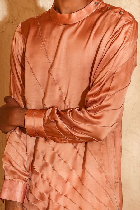 Buy_Chatenya Mittal_Peach Modal, Satin Pintuck Asymmetric Kurta Set _Online_at_Aza_Fashions