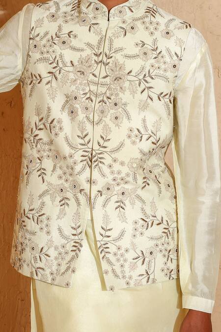 Shop_Chatenya Mittal_Beige Silk Embroidery Dori And Dabka Nehru Jacket Set _Online_at_Aza_Fashions