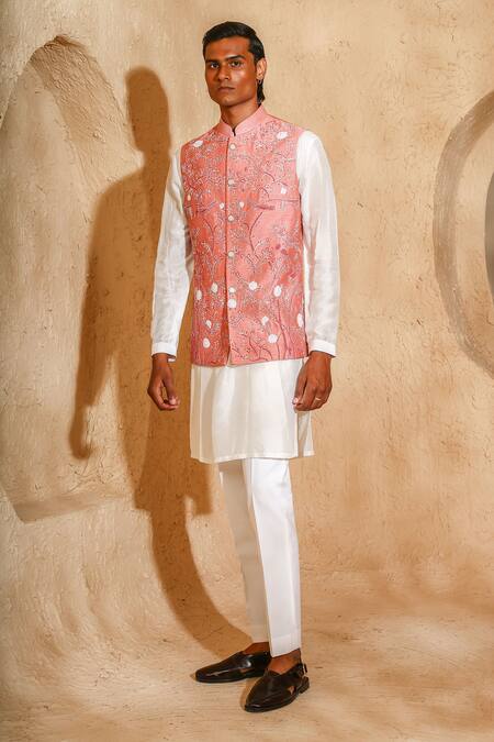 Shop_Chatenya Mittal_Pink Silk Embroidery, Beads Bird Motif Nehru Jacket And Kurta Set _Online_at_Aza_Fashions