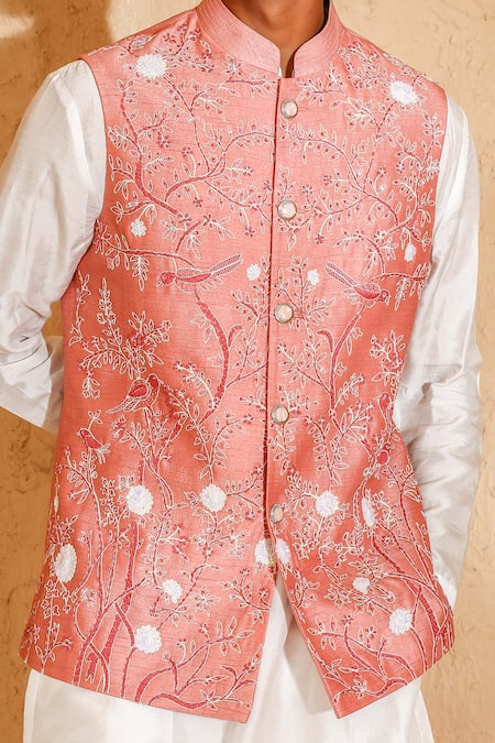 Chatenya Mittal_Pink Silk Embroidery, Beads Bird Motif Nehru Jacket And Kurta Set _at_Aza_Fashions