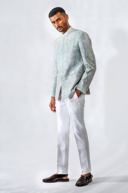 Chatenya Mittal_Blue Chanderi Silk Embroidery Bandhgala And Pant Set _Online_at_Aza_Fashions