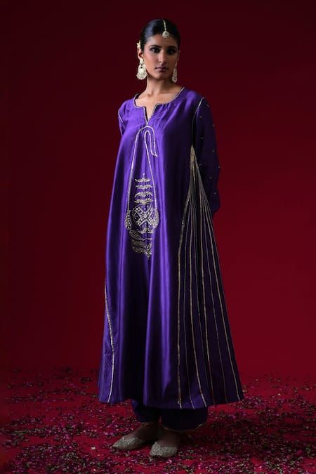 Buy_Kalakari By Akanksha_Purple Chanderi Silk, Organza Rani A-line Kurta And Pant Set With Dupatta _Online_at_Aza_Fashions