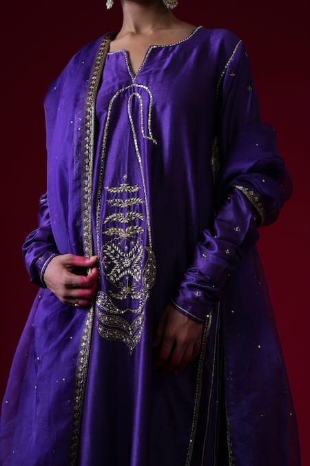 Kalakari By Akanksha_Purple Chanderi Silk, Organza Rani A-line Kurta And Pant Set With Dupatta _at_Aza_Fashions