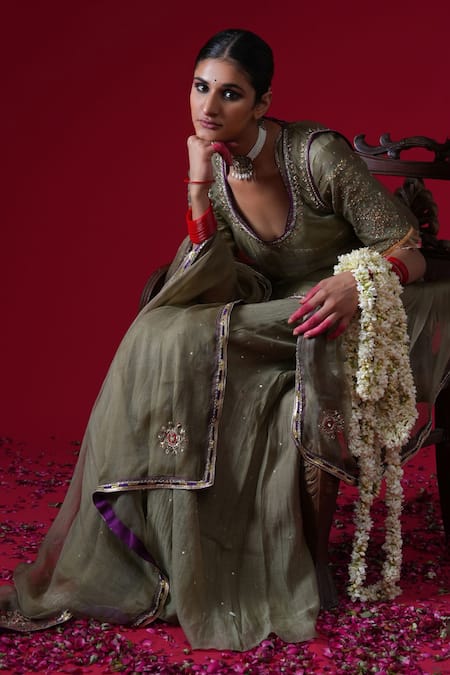 Shop_Kalakari By Akanksha_Gray Organza, Silk, Silk, Sumitra Sheer Jacket Sharara Set _Online_at_Aza_Fashions