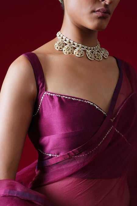Kalakari By Akanksha_Burgundy Organza, Chanderi Silk Embroidery, Rajkumari Saree And Pure Blouse _Online_at_Aza_Fashions