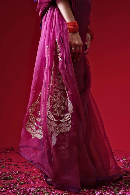 Buy_Kalakari By Akanksha_Burgundy Organza, Chanderi Silk Embroidery, Rajkumari Saree And Pure Blouse _Online_at_Aza_Fashions
