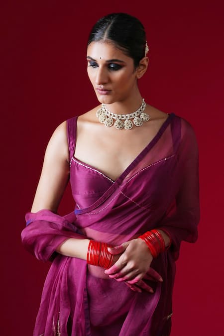 Shop_Kalakari By Akanksha_Burgundy Organza, Chanderi Silk Embroidery, Rajkumari Saree And Pure Blouse _Online_at_Aza_Fashions