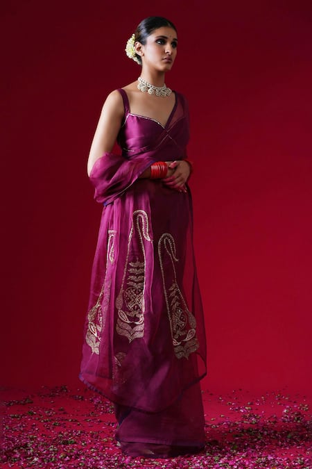 Kalakari By Akanksha_Burgundy Organza, Chanderi Silk Embroidery, Rajkumari Saree And Pure Blouse _at_Aza_Fashions