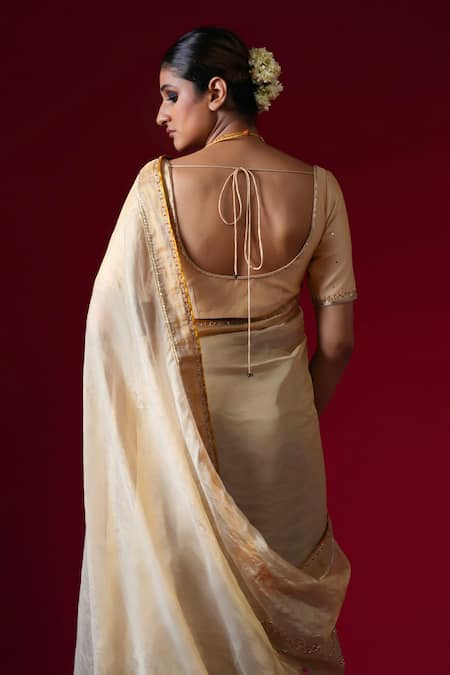 Buy_Kalakari By Akanksha_Gold Organza, Chanderi Silk Embroidery, Zari, Sequins Padmini Saree With Blouse _Online_at_Aza_Fashions