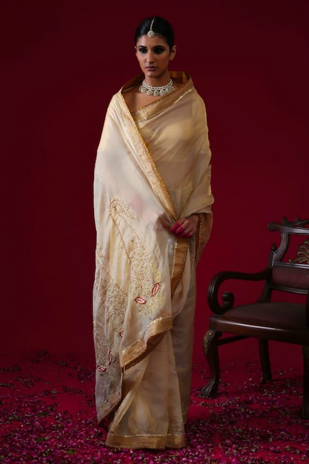 Shop_Kalakari By Akanksha_Gold Organza, Chanderi Silk Embroidery, Zari, Sequins Padmini Saree With Blouse _Online_at_Aza_Fashions