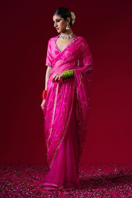Kalakari By Akanksha_Fuchsia Organza, Chanderi Silk Embroidery, Indumati Saree And Pure Blouse _Online_at_Aza_Fashions