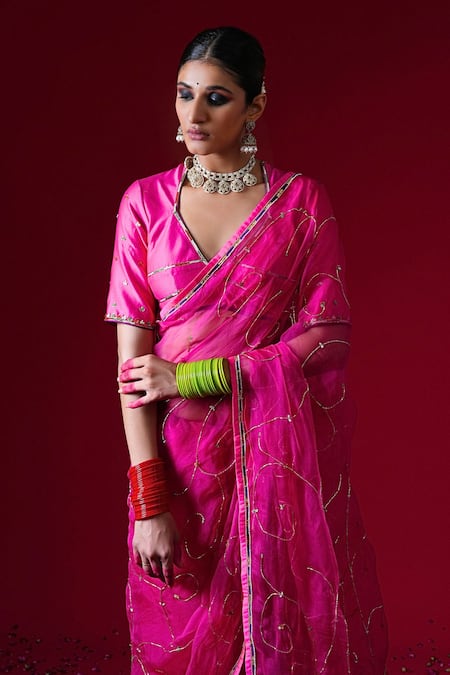 Buy_Kalakari By Akanksha_Fuchsia Organza, Chanderi Silk Embroidery, Indumati Saree And Pure Blouse _Online_at_Aza_Fashions