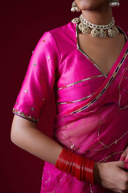 Shop_Kalakari By Akanksha_Fuchsia Organza, Chanderi Silk Embroidery, Indumati Saree And Pure Blouse _Online_at_Aza_Fashions