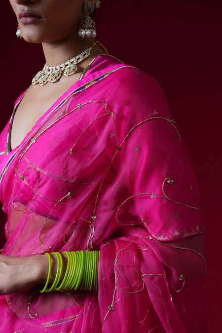 Kalakari By Akanksha_Fuchsia Organza, Chanderi Silk Embroidery, Indumati Saree And Pure Blouse _at_Aza_Fashions