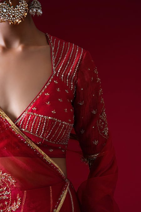 Kalakari By Akanksha_Red , Chanderi, Organza Embroidery, Sequins, Kumudini Lehenga Set _Online_at_Aza_Fashions