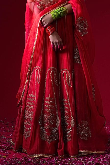 Buy_Kalakari By Akanksha_Red , Chanderi, Organza Embroidery, Sequins, Kumudini Lehenga Set _Online_at_Aza_Fashions