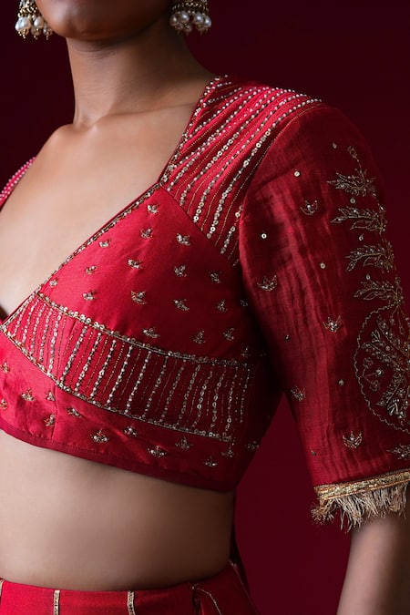 Shop_Kalakari By Akanksha_Red , Chanderi, Organza Embroidery, Sequins, Kumudini Lehenga Set _Online_at_Aza_Fashions