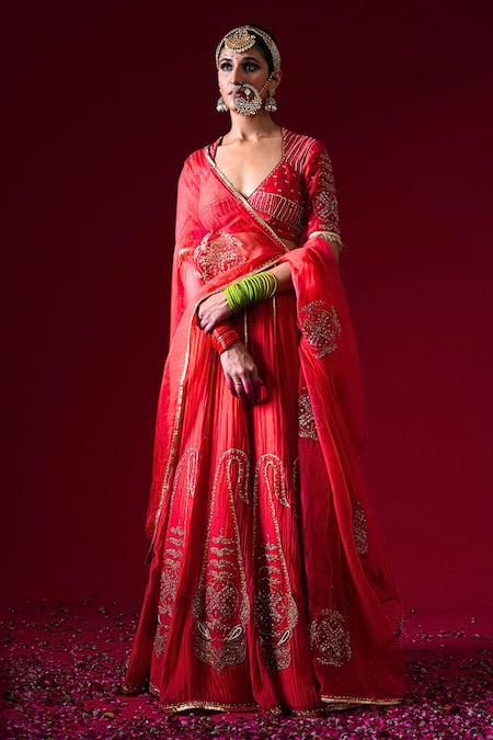 Kalakari By Akanksha_Red , Chanderi, Organza Embroidery, Sequins, Kumudini Lehenga Set _at_Aza_Fashions