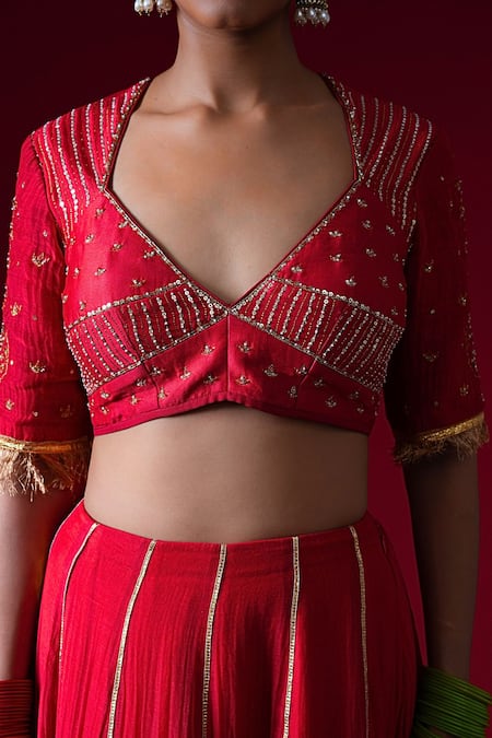 Buy_Kalakari By Akanksha_Red , Chanderi, Organza Embroidery, Sequins, Kumudini Lehenga Set 
