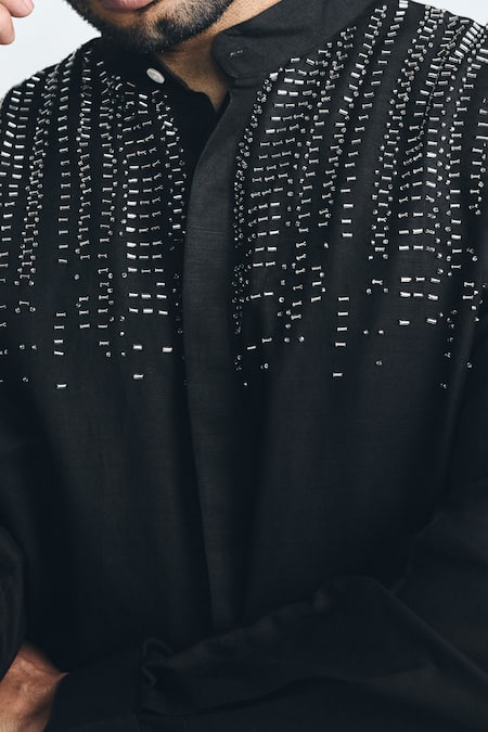 Project Bandi_Black Cotton, Linen Embroidery Outlaw Cutdana Hand Short Kurta _Online_at_Aza_Fashions