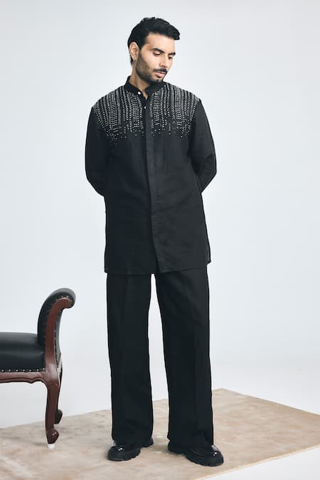 Buy_Project Bandi_Black Cotton, Linen Embroidery Outlaw Cutdana Hand Short Kurta _Online_at_Aza_Fashions