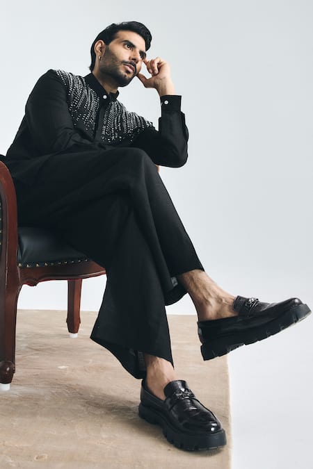 Project Bandi_Black Cotton, Linen Embroidery Outlaw Cutdana Hand Short Kurta _at_Aza_Fashions