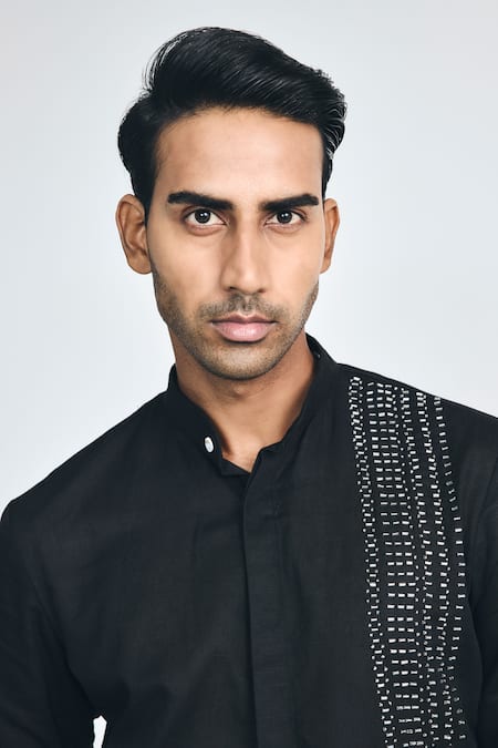 Project Bandi_Black Cotton, Linen Beads, Embroidery Cutdana Hand Asymmetric Short Kurta _Online_at_Aza_Fashions