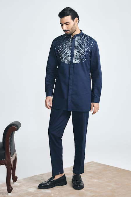 Project Bandi Navy Cotton, Linen Embroidery Alpha Cutdana Hand Short Kurta Online at Aza Fashions Project Bandi_Navy Cotton, Linen Embroidery Alpha Cutdana Hand Short Kurta _Online_at_Aza_Fashions