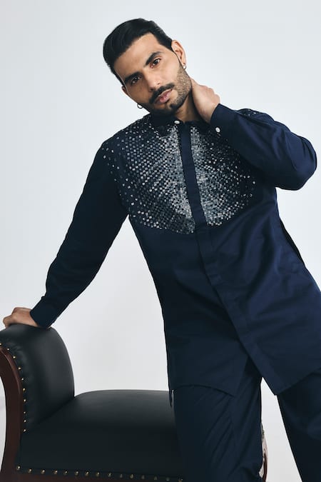 Buy Project Bandi Navy Cotton, Linen Embroidery Alpha Cutdana Hand Short Kurta Online at Aza Fashions Buy_Project Bandi_Navy Cotton, Linen Embroidery Alpha Cutdana Hand Short Kurta _Online_at_Aza_Fashions