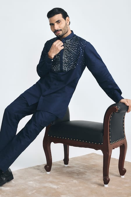 Shop Project Bandi Navy Cotton, Linen Embroidery Alpha Cutdana Hand Short Kurta Online at Aza Fashions Shop_Project Bandi_Navy Cotton, Linen Embroidery Alpha Cutdana Hand Short Kurta _Online_at_Aza_Fashions