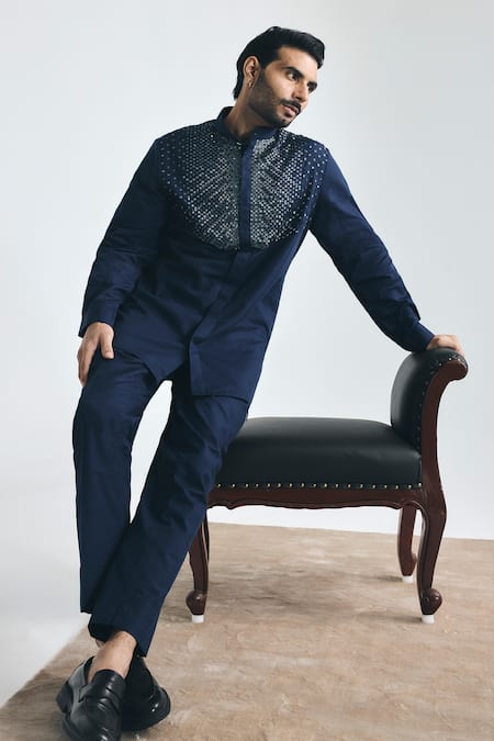 Project Bandi Navy Cotton, Linen Embroidery Alpha Cutdana Hand Short Kurta at Aza Fashions Project Bandi_Navy Cotton, Linen Embroidery Alpha Cutdana Hand Short Kurta _at_Aza_Fashions