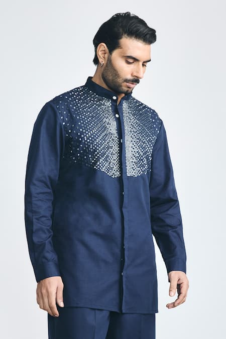 Buy Project Bandi Navy Cotton, Linen Embroidery Alpha Cutdana Hand Short Kurta Buy_Project Bandi_Navy Cotton, Linen Embroidery Alpha Cutdana Hand Short Kurta